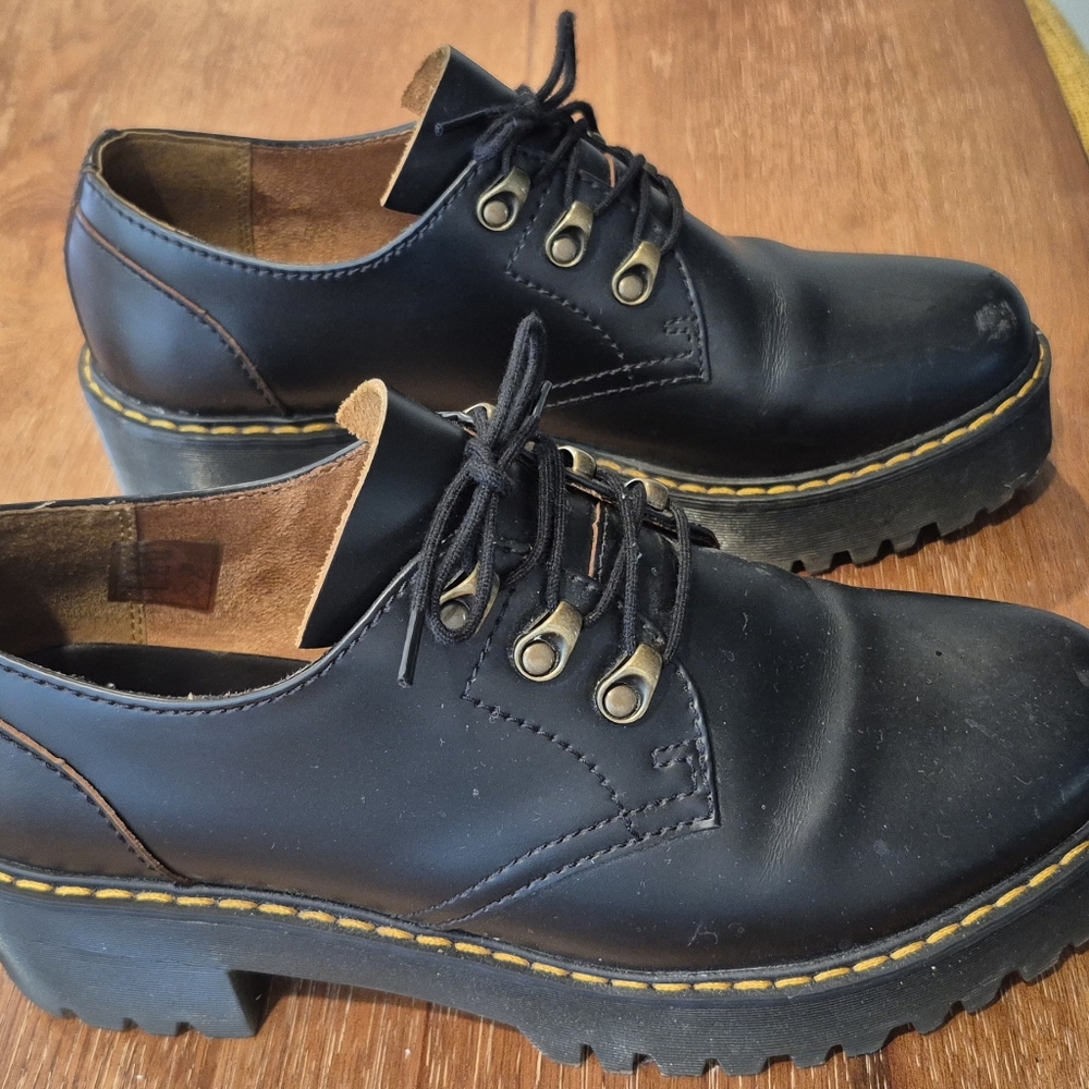 Dr. Martens Black Leather Women's Flats with Yellow Stitching